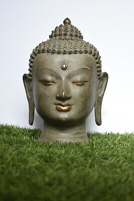 11.5" Large Hand Carved Bronze Brass Finish Buddha Head Statue Old Buddha Bust