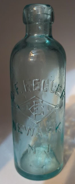Aqua G F Feller Monogram Hutch Hutchinson Soda Bottle Newark NJ Essex County