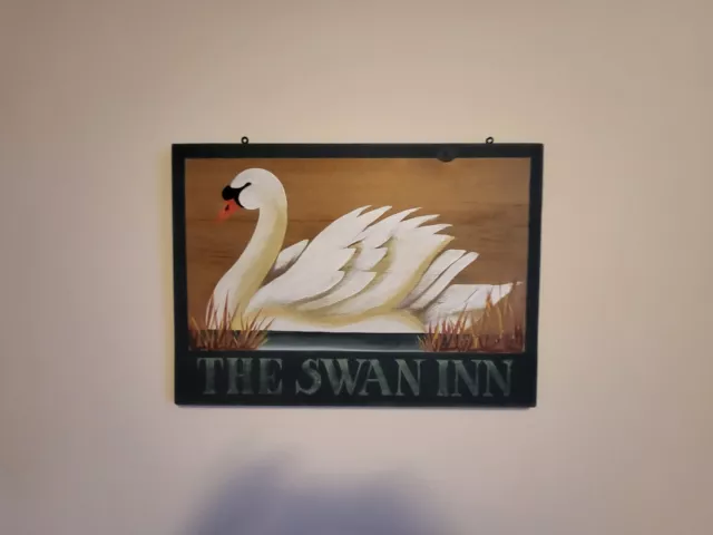 Hand painted sign on wood "The Swan Inn". 24inX17inX 1/2 inch