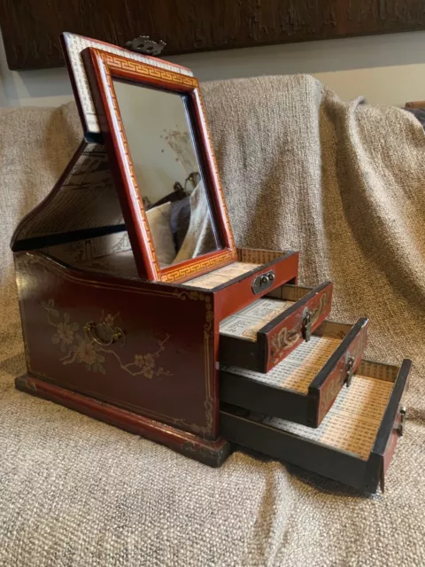 vintage chinese jewellery box 3 drawers, mirror, brass h/w, ornate artwork