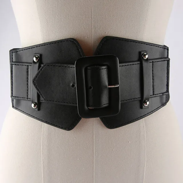 Womens Belt Wide Buckle Elastic Stretch Women Faux Leather Skinny Waist Dress