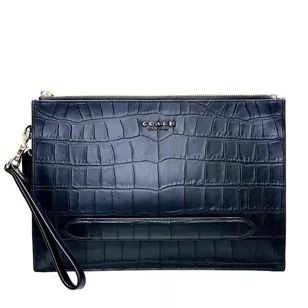 NWT Coach Mens F73151 Structure Pouch Croco Embosed Black Leather Clutch $350