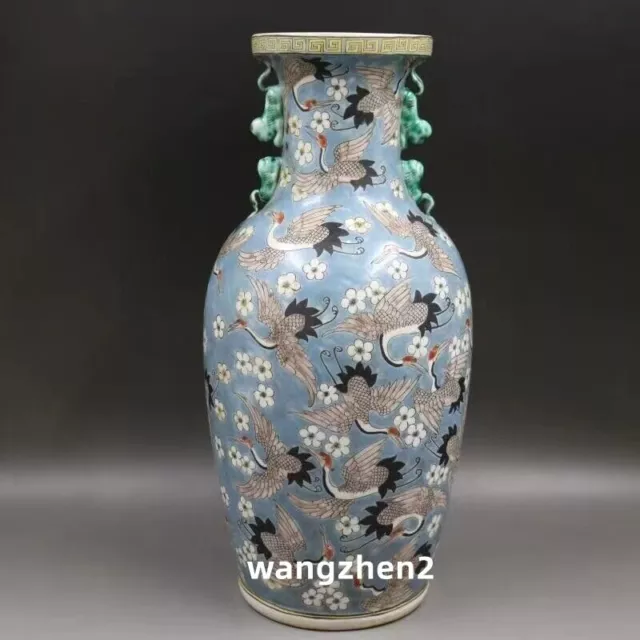 Old Chinese Blue and white Porcelain qing Dynasty Flying crane vase  42.8cm
