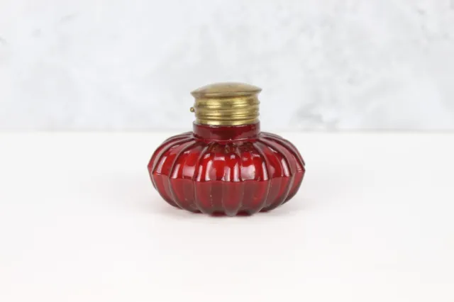 Antique Ruby Red Glass Victorian Inkwell w/ Brass Lid Cap - Collectible Ink Pot