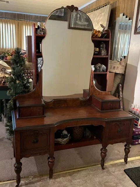 Vintage Walnut Vanity Dresser W/Mirror On Casters From The 1930'S