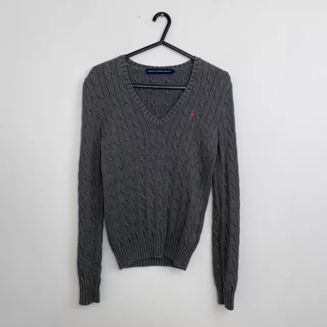 Ralph Lauren Sport Cable-Knit Jumper Womens Size S Grey V-Neck Sweater Preppy.