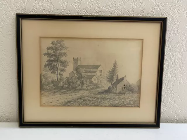 Antico Matita Disegno Di Edifici Casa & Strada IN Landscape