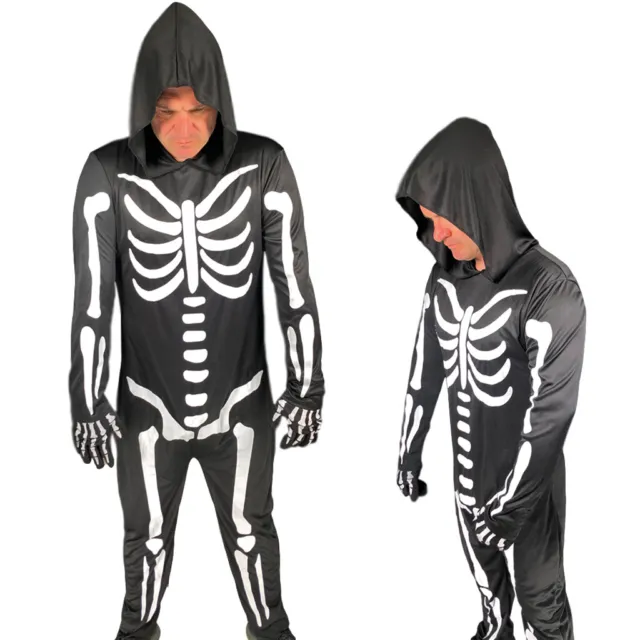 Uomo Costume da Scheletro Nero Cappuccio Maschera Taglie L & XL Adulto Halloween
