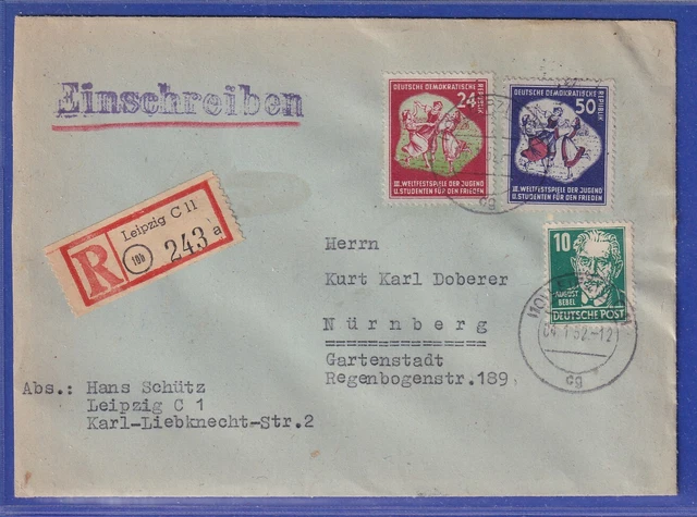 DDR 1951 Festspiele Mi.-Nr. 290 und 292 auf R-Brief von Leipzig nach Nürnberg