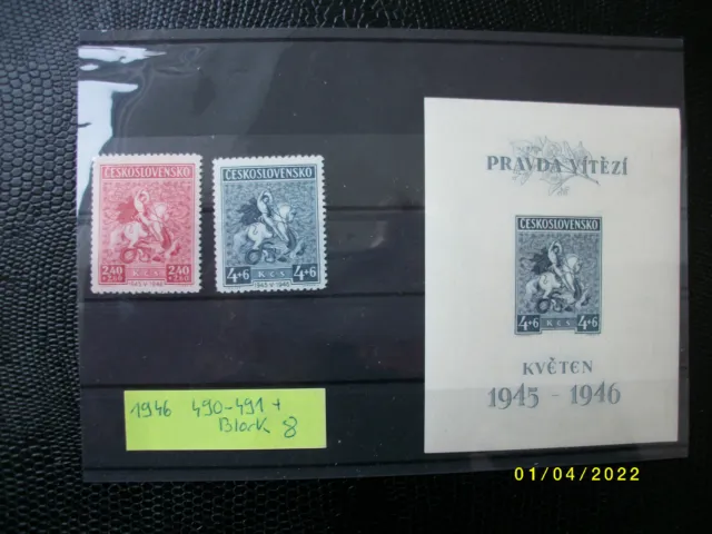 Briefmarken Tschechoslowakei 1946 Block 8 + MiNr. 490-491 postfrisch (Lot 20-46)