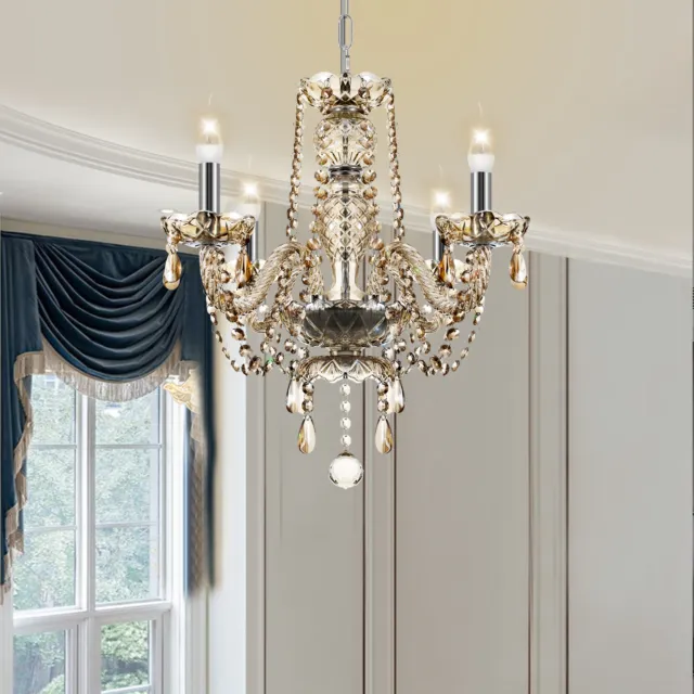 4 Arms Cognac Crystal Glass Chandelier Ceiling Light Drop Pendant Lamp