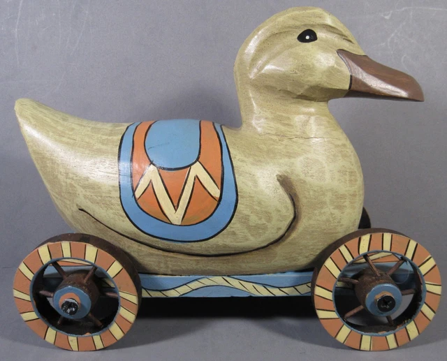 Carved Wood-Like Duck Pull Toy Hand Painted Nursery or Child's Decor 7.25" x 5"