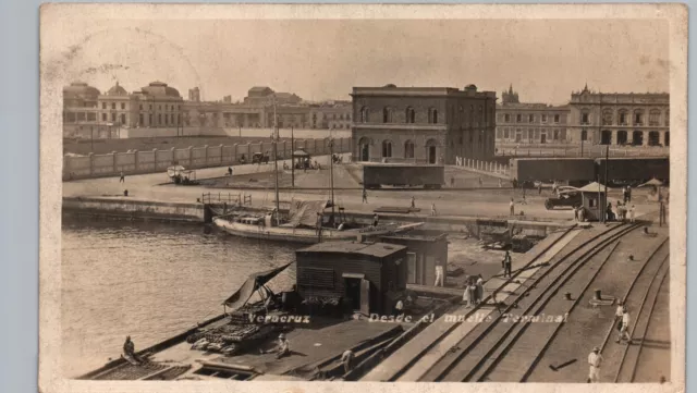 BARGES LOADED BY TRAIN veracruz mx real photo postcard rppc mexico terminal port