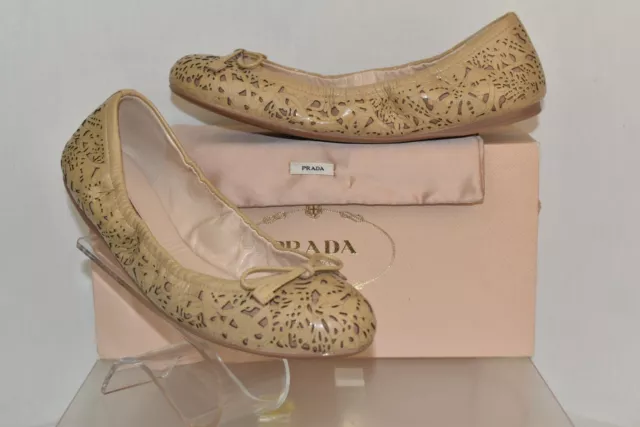 Nib Prada 3F5432 Beige Patent Leather Laser Cut Floral Bow Ballet Flats 39