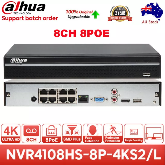 AU STOCK Dahua Original NVR4108HS-8P-4KS2/L 8CH 4K 8PoE NVR Upgradable Firmware