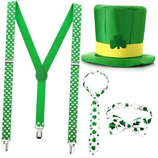 4 Pieces St. Patrick's Day Costume Accessory Shamrock Suspender Clover Necktie