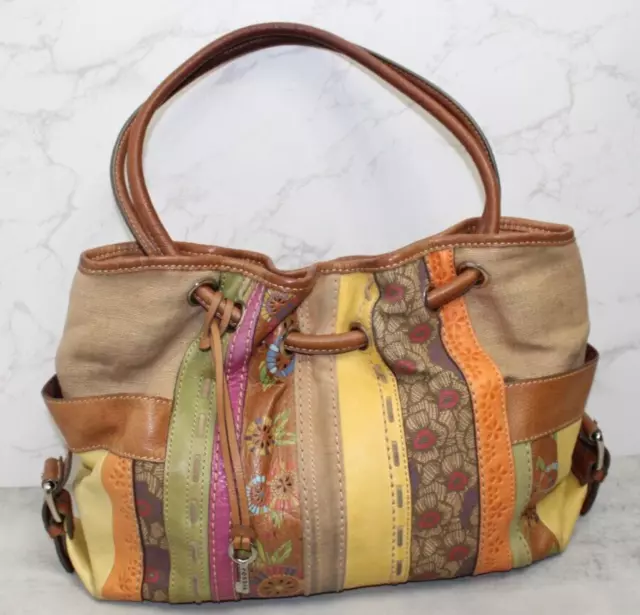 Vintage Fossil Women's Multicolored Patchwork Leather  Shoulder Tote Bag Purse