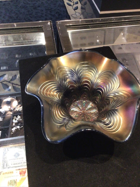 Fenton Peacock Tail Carnival Glass Ruffled Edge Bowl