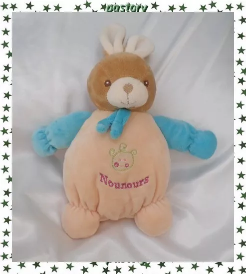 Doudou Peluche Boule Lapin Marron Saumon Et Bleu Nounours