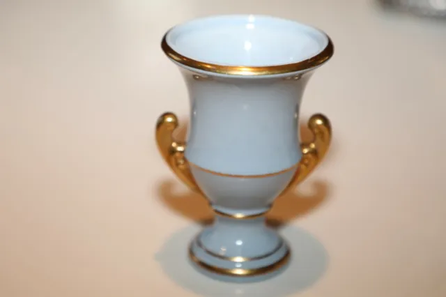 Vintage Princeton China Pottery P150 Bud Vase Handled Urn Blue w Gold Gilt EUC