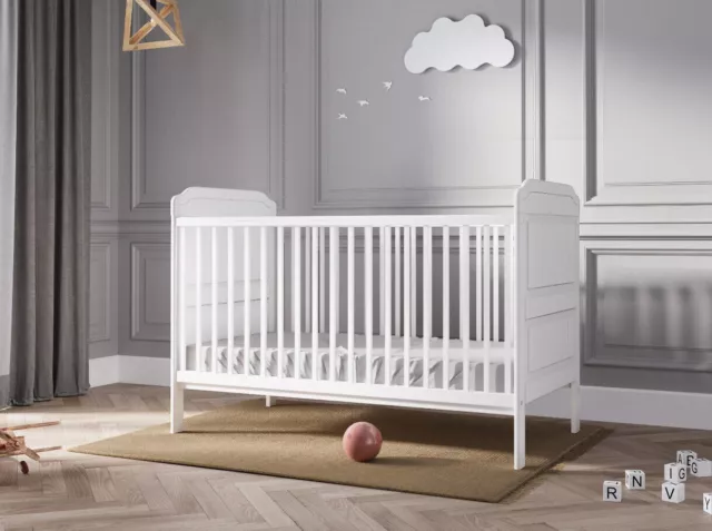 Solid Wood Large Walter Baby White Cot Bed – optional Fibre Mattress 140x70x10cm