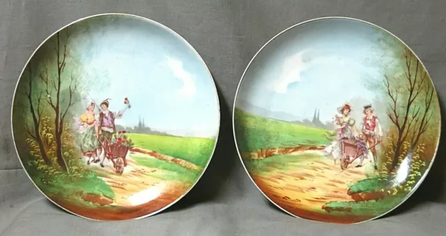 Par De Platos en Porcelana, Decoración Pareja Con Carretilla 20éme