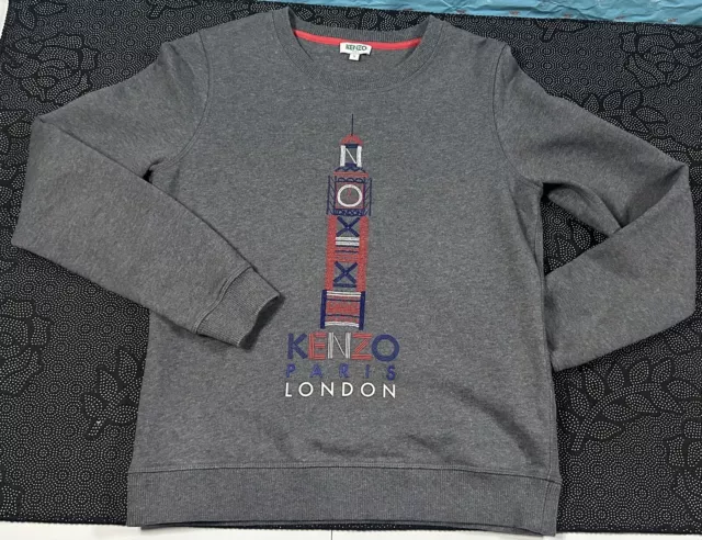 KENZO Jersey Sweatshirt Womens S Embroidery Grey London Big Ben Clock Tower