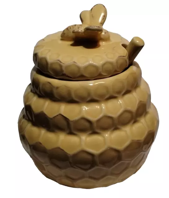 Ceramic Honey Pot & Dipper 4" X 5.25"  Honeycomb - Boston International - New