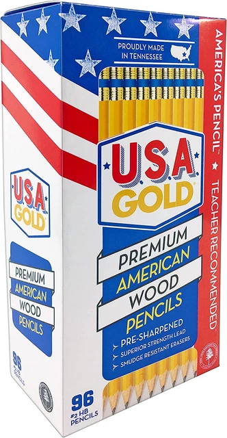 U.S.A. Gold Pre-Sharpened American Wood Cased #2 HB Yellow Pencils, 96 Pack