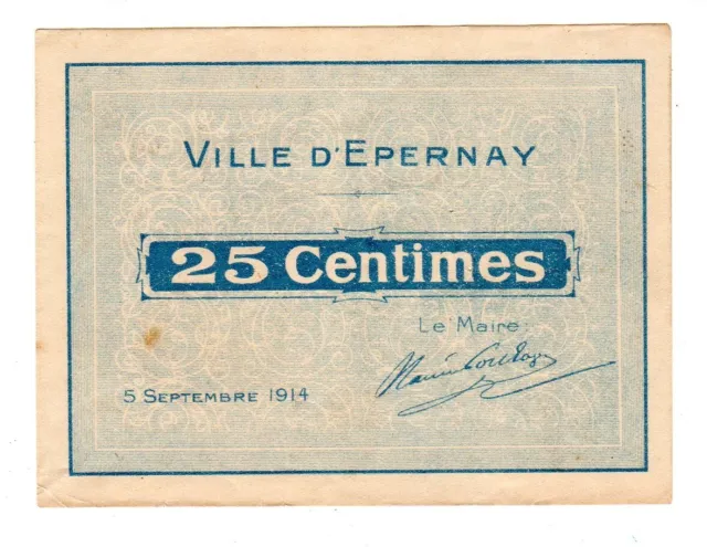 FRANCE CHAMBRE DE COMMERCE D'Epernay 25 CENTIMES 1914 BILLET DE NECESSSITE