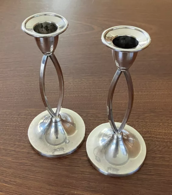 Art Deco Ianthe English Pair of Silver Plated Candle Holders - Two Candlesticks