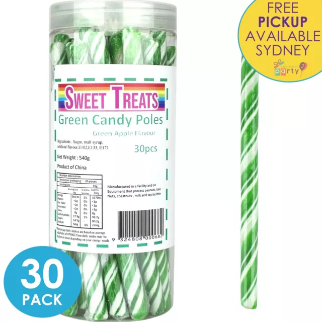 30x GREEN APPLE CANDY POLES STICKS BUFFET LOLLIES CHRISTMAS PARTY FAVOURS