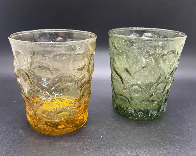 (2) Anchor Hocking Milano Crinkle Honey Gold Amber & Green 7oz Short Rocks Glass