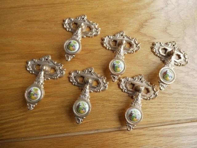 6 x Ornate Brass & Ceramic Vintage Cabinet / Drawer Door Drop Pull Handles