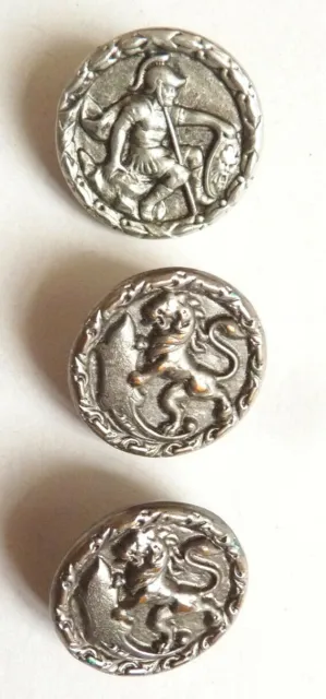 3 Boutons bouton  en métal argenté lion et guerrier grec romain  button
