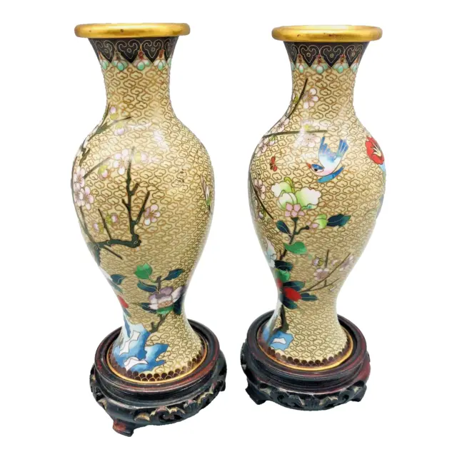 Chinese Jingfa Cloisonné Vases Pair Stand Blue Birds Cherry Blossom Flower