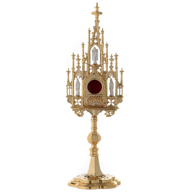 Reliquiario ottone dorato neogotico con statuette h 57