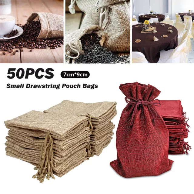 50/100PCS Small Drawstring Pouch Bags Burlap Jute Hessian Wedding Favor Gifts