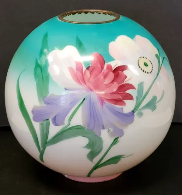 Antique Painted Flower 10" Glass Ball Shade GWTW Parlor Lamp 4" fitter Turquoise