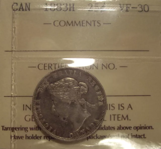 Canada Victoria 1883H Silver 25 Cents - ICCS VF-30