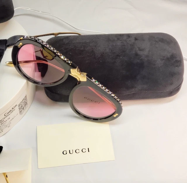 GUCCI GG0307S FOLDABLE Black Gold Crystal Aviator Pink Lens
