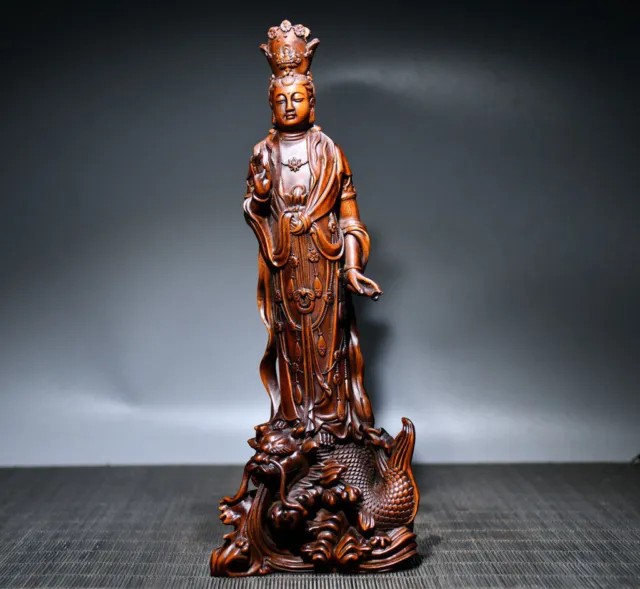 Chinese Natural Boxwood Hand-carved Exquisite Guanyin Statue 73691