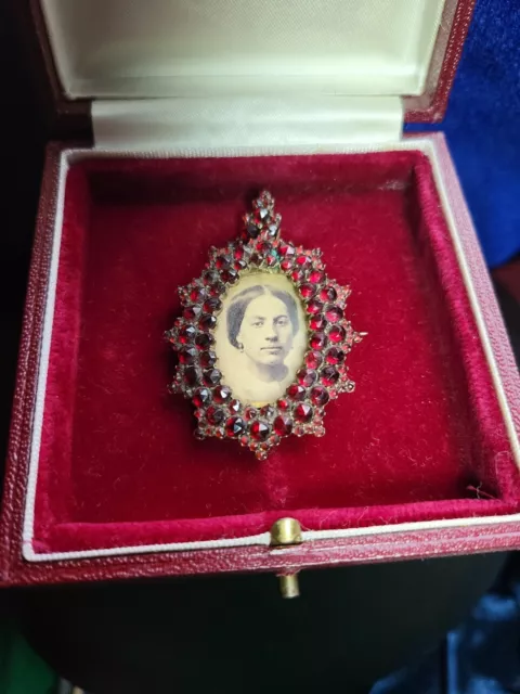 Antique Victorian Sterling Rose Cut Bohemian Garnet Pendant Locket on 24" Chain