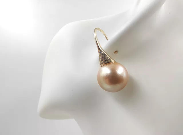 13.7mm Rare Large Natural Seawater Golden Pearl Earrings Stamped S925 Silver