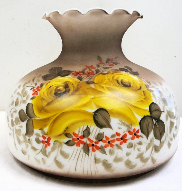 Vtg 12" Fitter Hurricane GWTW Hand Painted Yellow Roses Milk Glass Lamp Shade