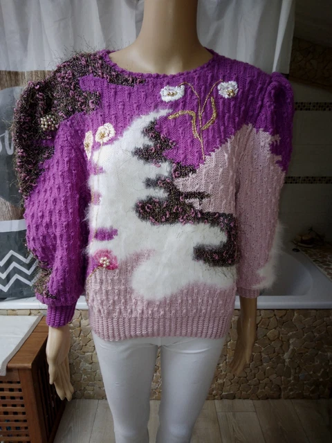 Pull Vintage 100% Angora Rose Pastel - Tricoté Main Taille S Pour Femme