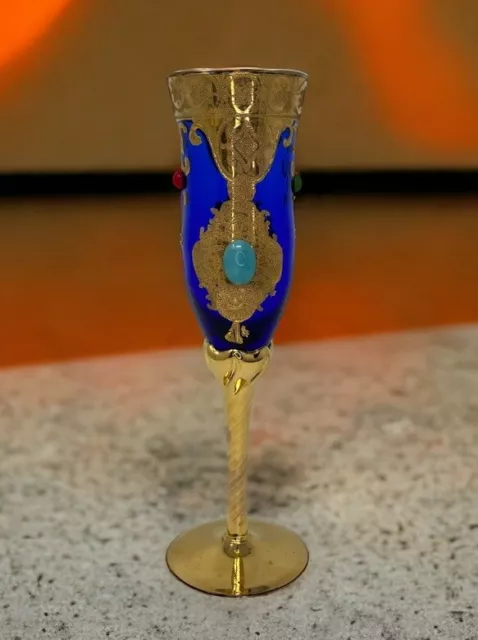 Cobalt Blue with Gold Stenciled Accent And Cabachon Jewels Wine Flute