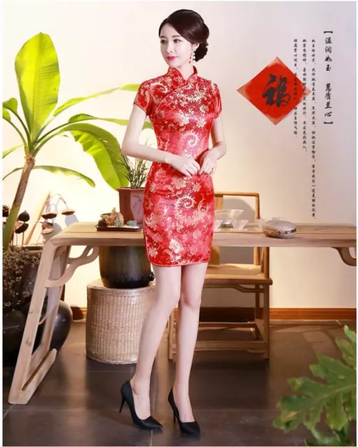 New Luxurious Black Satin Phoenix Chinese Long Dress Cheongsam Qipao  lcdress49