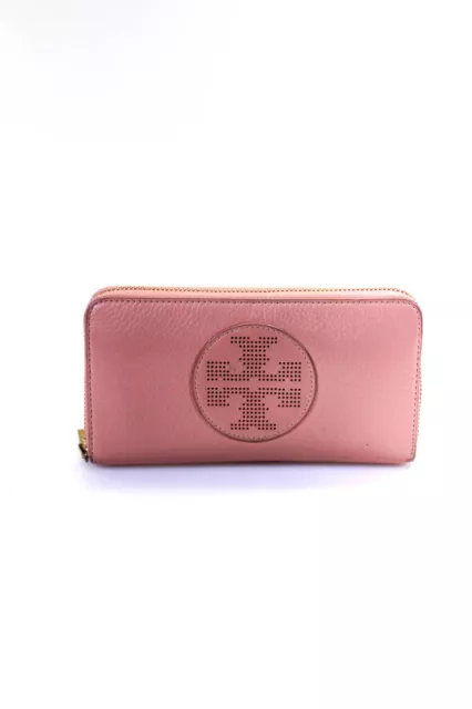 Tory Burch Womens Grained Leather Perforated Logo Zip Around Wallet Light Pink