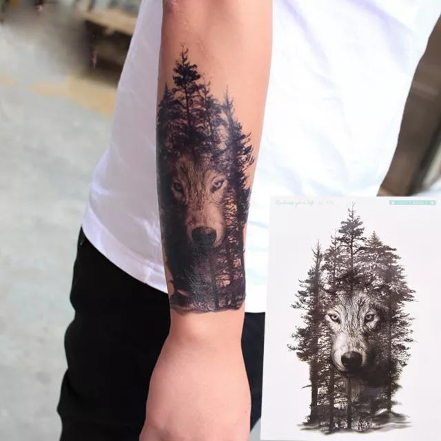 Pegatinas impermeables temporales de tatuaje falso gris bosque lobo animales grandes T ZR
